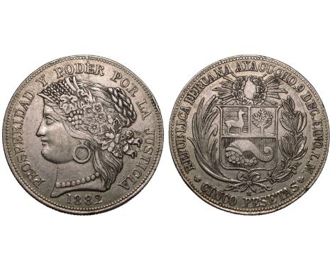 PERU. Silver 5 Pesetas, 1882 LM. Ayacucho. Obv: REPUBLICA PERUANA LIMA.9 DECIMOS FINO.B.F. *CINCO PESETAS*, Peruvian Coat of 