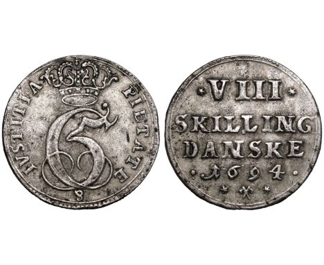 DENMARK. CITY OF GLüCKSTADT. Christian V, 1670-1699. Silver 8 Skilling Danske, 1694. Obv: PIETATE &amp; IVSTITIA, central cro