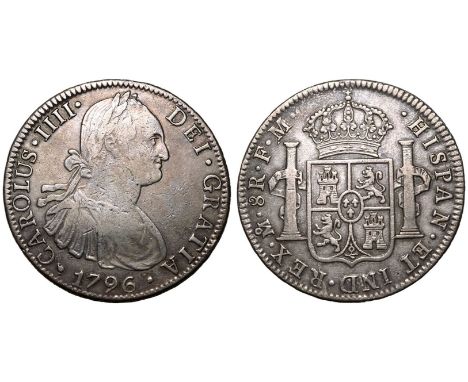 MEXICO. NEW SPAIN. Charles IV, 1788-1808. Silver 8 Reales, 1796. Mexican mint. Obv: CAROLUS · IIII · DEI · GRATIA, laureate b