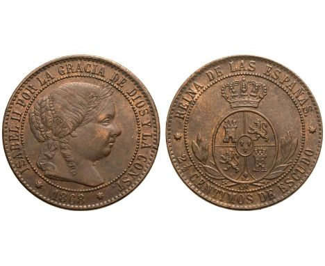 SPAIN. Isabel II. Bronze 2 1/2 Centimos de Escudo, 1868 OM. Barcelona. Obv: ISABEL II POR LA GRACIA DE DIOS Y LA CONST., laur
