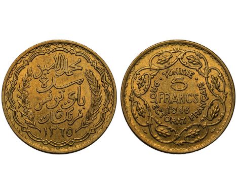 TUNISIA. Muhammad VIII . Aluminium bronze 5 Francs, 1365 (1946). Paris. Obv: ruler, denomination and Islamic date in Arabic w