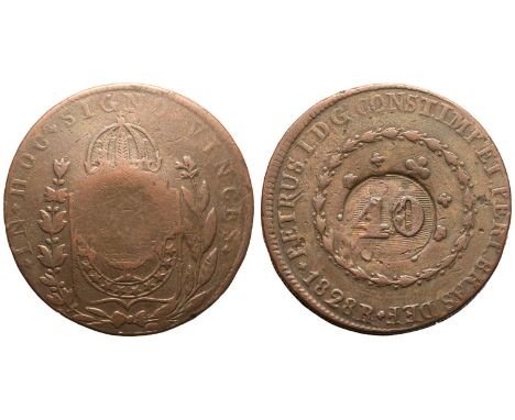 BRAZIL. Peter I. Copper 40 Reis, 1828 R. Rio de Janeiro. countermarked 80 Reis. Obv: PETRUS.I.D.G.CONST.IMP.ET.PERP.BRAS.DEF 