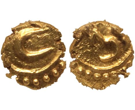 INDIA. KINGDOM OF MYSORE. Tipu Sultan. Gold Fanam, 1217 AM. Persian "He" / AM Date (1217) and Mint. "Zarb Farrukhi". Edge Pla