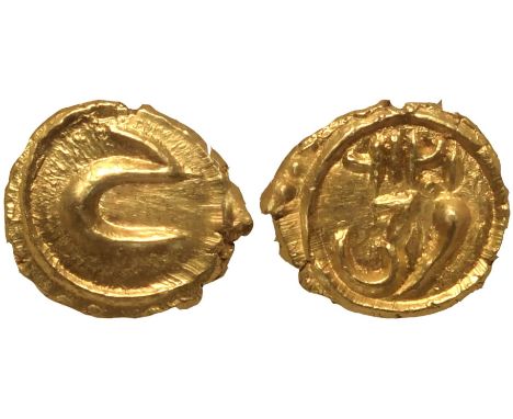 INDIA. KINGDOM OF MYSORE. Tipu Sultan. Gold Fanam, 1216 AM. Persian "He" / AM Date (1216) and Mint. "Zarb Farrukhi". Edge Pla