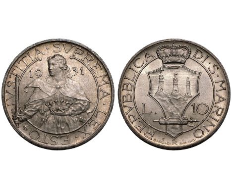 SAN MARINO. Republic, 301-date. Silver 10 Lire, 1931. Rome. Obv: IUSTITIA SUPREMA LEX ESTO, bust of St. Agatha with sword and