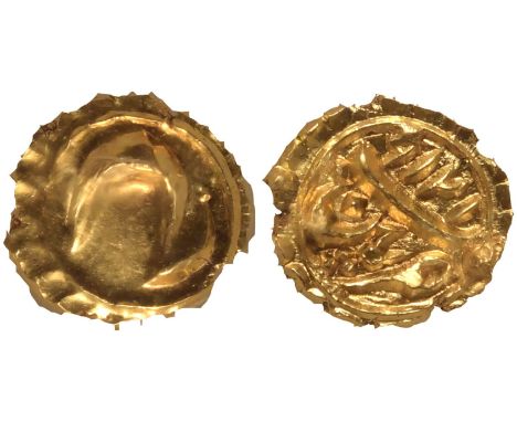 INDIA. KINGDOM OF MYSORE. Tipu Sultan. Gold Fanam, 1216 AM. Persian "He" / AM Date (1216) and Mint. "Zarb Farrukhi". Edge Pla