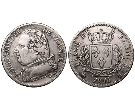 FRANCE. Louis XVIII, 1814-15 &amp; 1815-24. Silver 5 Francs, 1814 B. Rouen, France . Mint Master; Joseph Lambert (1804-1817).
