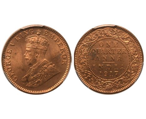 INDIA BRITISH. George V. Bronze 1/4 Anna , 1917. King George V crowned head left, legend in English, toothed rim/nDenominatio