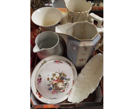 Two Victorian wash basin jugs, a Wedgwood twin handled urn, a Victorian hand-painted floral tureen etc