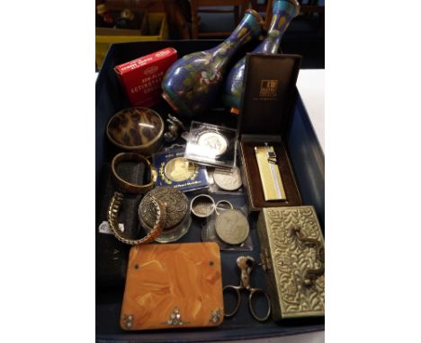 A selection of items to include a pair of cloisonne vases, trinket boxes, commemorative crowns, a cased compass, cigar cutter