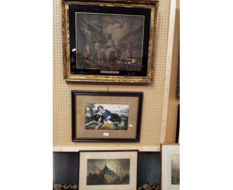 Two antique engravings, one in verre eglomise mount, along with a chalk pastel architectural view