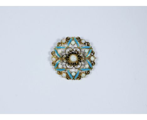 Circular turquoise blue enamel and opal target style brooch, set in yellow gold. Un marked, 3.5 cms diameter   Appears to be 