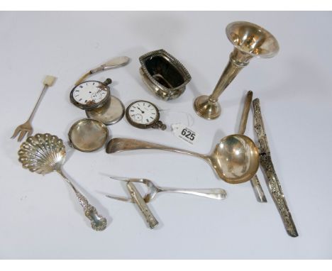 A collection of small silverware to include specimen vase, soup ladle and other items of small silverware