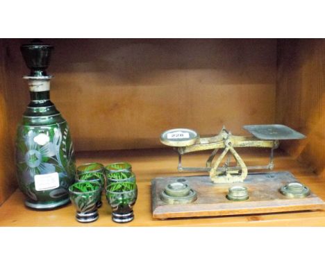 Set of brass letter scales with weights and a decorative glass overlaid cocktail/ liqueur set
