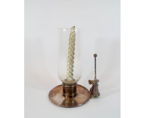 A silver plated chamber stick with glass funnel and snuffer, height 22cm  