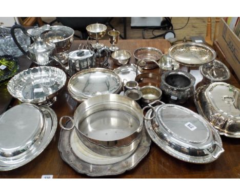 Various silver plated entree dishes, fruit bowls, and various other plated wares together with old brass letter scales &amp; 