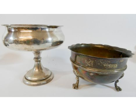 An Edwardian silver pedestal bowl and a hallmarked silver sugar basin, gross weight of two 11 troy ozs