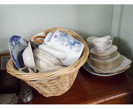 Assorted tea and other china, wicker basket, trinket boxes etc 