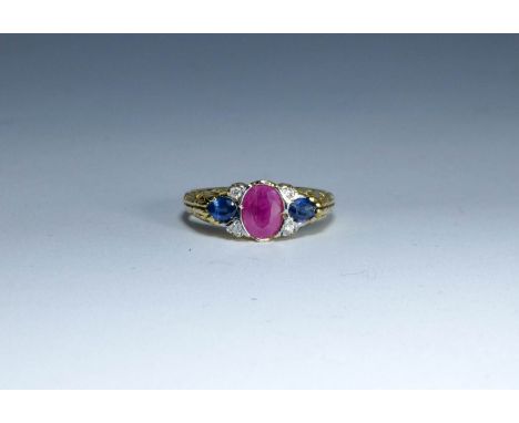 Victorian style 18ct gold ruby, sapphire and diamond ring, ring size 'O'