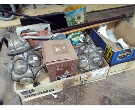 Three boxes of glass, china, ceiling light fittings and a large quantity of old maps and deeds etc  