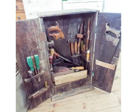 An old pine tool box and various carpentry tools 