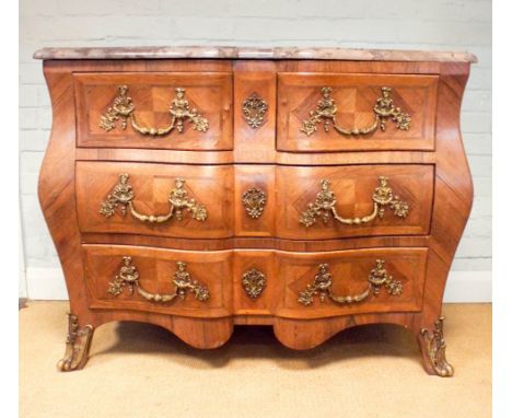 Early 20th century French Kingwood Bombe serpentine fronted commode chest of three long drawers with gilt metal handles and m