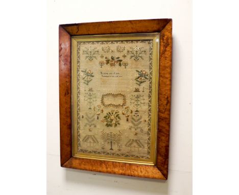 A 19th century needlework sampler worked by Anna James in a birds eye maple frame approximately 50x35cms plus frame   Conditi