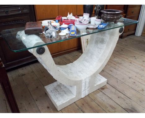 Glass topped modern stone look console hall table