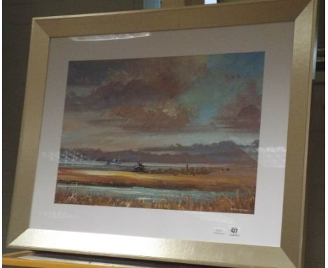 A framed coloured print after Lowry, another of pheasants and one other of boating scene 