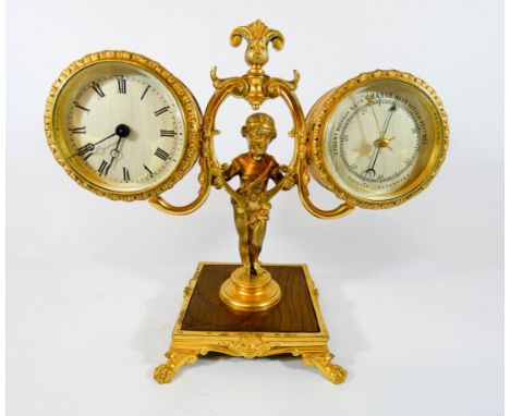 A late 19th century gilt metal desk clock barometer set, the circular dials supported by a cherub on a square gilt metal lion