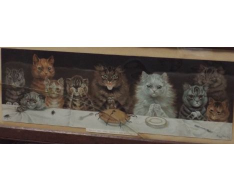 Oak framed Louis Wayne print of cats entitled 'What we are about to receive' (glass broken)
