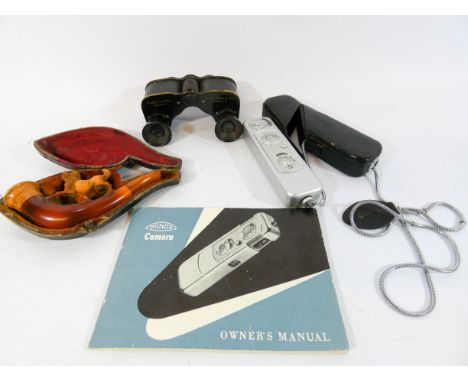 A Minox miniature camera in carry case, a pair of Ross prism opera glasses and a Meerschaum pipe in carved leather case 