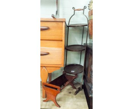 Three tier folding cake stand and a mahogany book trough