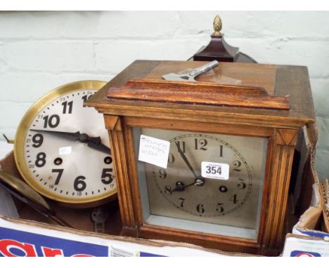 Bracket clock in oak case, one other and a wall clock 