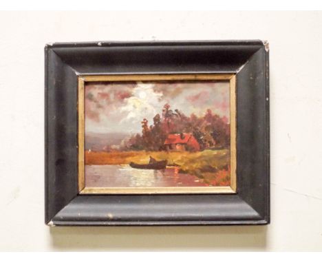 An oil on canvas depicting a modern market scene, in a white ornate frame together with a 19th Century oil on board evening s
