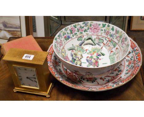A Cantonese china fruit bowl, oriental plate, heavy gilt mantle clock and a book  No damage to bowl or plate, clock in good c