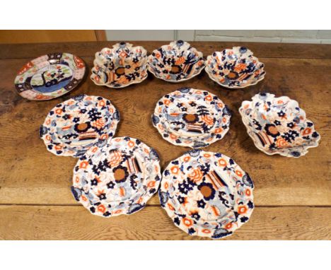 Victorian floral decorated part Ironstone dessert service of eight pieces and a Spode Japanese patterned plate 