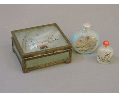 Two Chinese interior painted snuff bottles, and a trinket box 