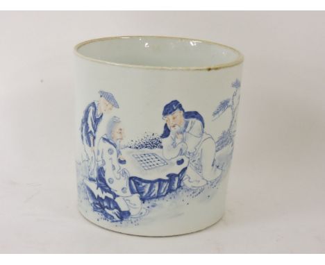 A 20th century Bitong, of two literati playing go and an attendant looking on, in underglaze blue, their faces naturalistic, 