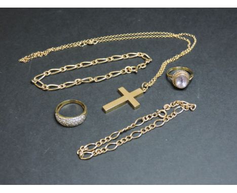 A 9ct gold cross and chain, a 9ct gold chain bracelet, another 9ct gold chain bracelet, a 9ct gold amethyst ring, and a 9ct g