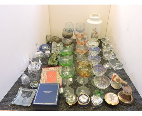 A Halcyon Days enamel box, three further trinket boxes, Waterford and Edinburgh glass clocks, paperweights, bells, twelve har
