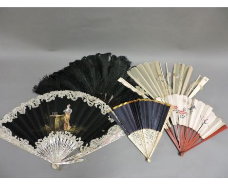An ostrich feather fan, two ivory fans with silk leaves, a mother of pearl fan with silk leaves, and another