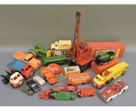 Mettoy, Mimic and other tin plate toys, an ambulance, a tractor, a bus, car transporter, and a Jones mobile crane by K8L Stee