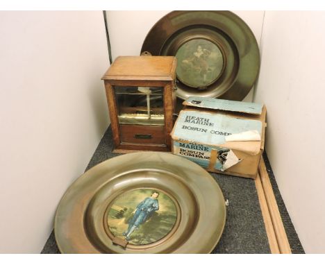 A Heath Marine bosun compass, an oak cigar and cigarette cabinet, with glazed front, and two brass wall plaques