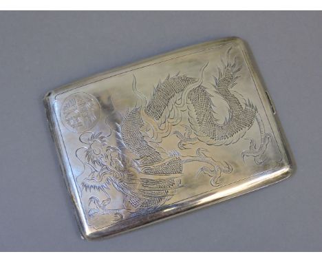 A Chinese silver cigarette case, engraved with a dragon, signed to roundel, inscribed to Prof Driver FR P C Chin, 11.5cm