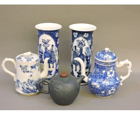 A pair of Chinese blue and white vases, four character Kangxi marks, a Chinese teapot, a Seto teapot, and a Yixing teapot