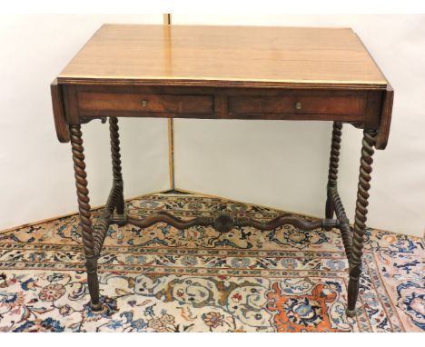 A mahogany sofa table, with inlaid top over two drawers, on barley twist and stretcher base