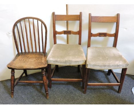 A pair of Sheraton period elm single bar back chairs, and a single stick back chairProvenance: from the Estate of Lady Barbar