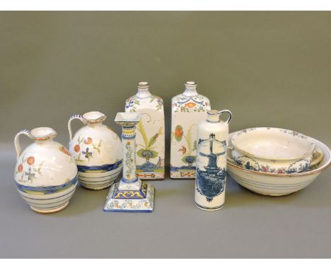 A pair of polychrome Delft square flasks, a pair of similar jugs, a candlestick, a Bols bottle, and a chamber potProvenance: 