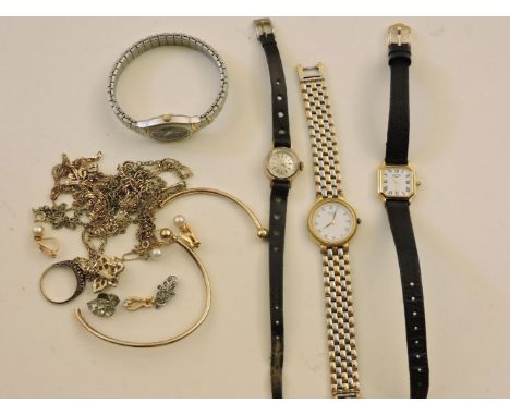 A ladies Omega mechanical wristwatch, in 9ct gold case, four gold necklaces, a necklace, 9ct gold bangle, broken, a five ston